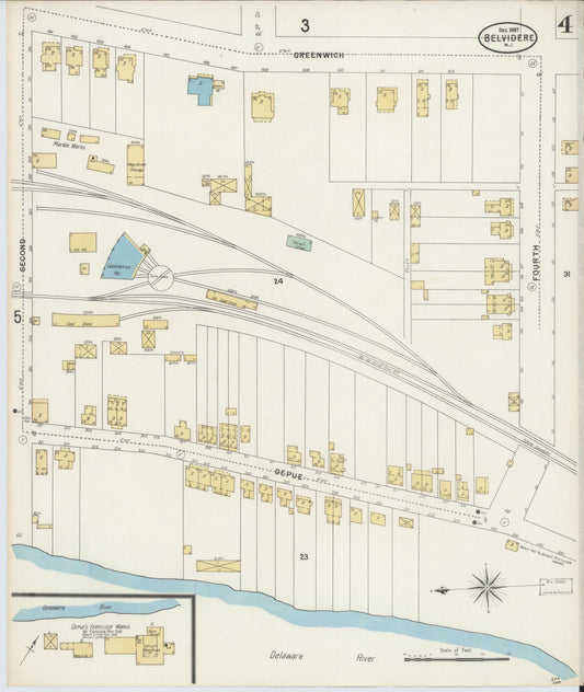 Sanborn Fire Insurance Map from Belvidere, Warren County, New Jersey (1897), Sheet #0004 - Historic Sanborn Fire Insurance Map Print, vintage old map wall art, antique decor, genealogy gift, New Jersey New Jersey map