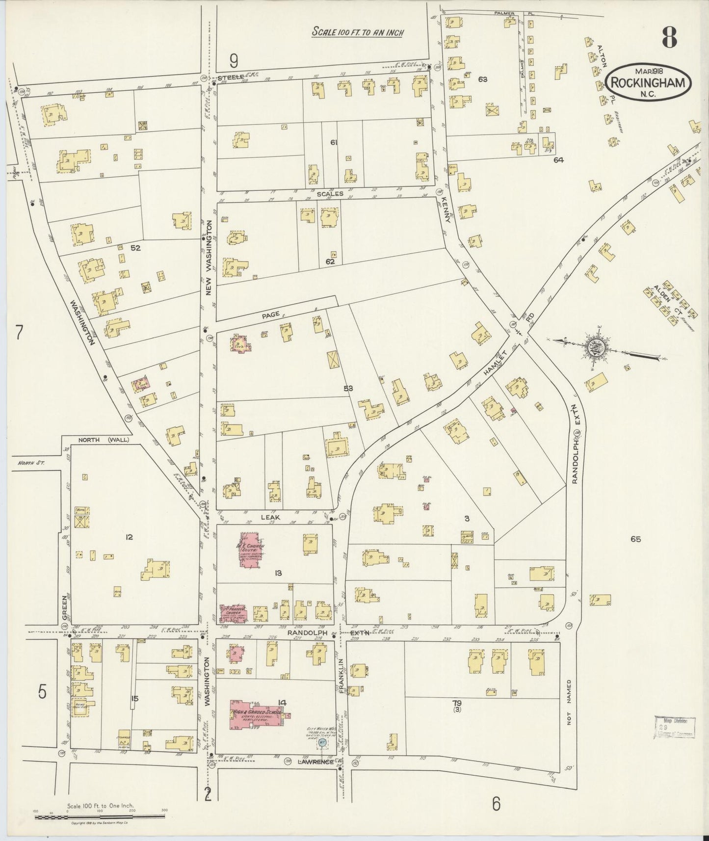 Sanborn Fire Insurance Map from Rockingham, Richmond County, North Carolina (1918), Sheet #0008 - Complete Map Set gallery image, historic Sanborn map, vintage wall art, North Carolina North Carolina