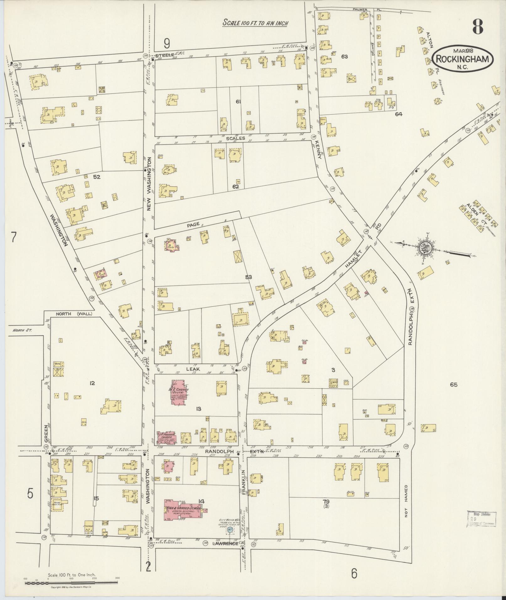 Sanborn Fire Insurance Map from Rockingham, Richmond County, North Carolina (1918), Sheet #0008 - Complete Map Set gallery image, historic Sanborn map, vintage wall art, North Carolina North Carolina