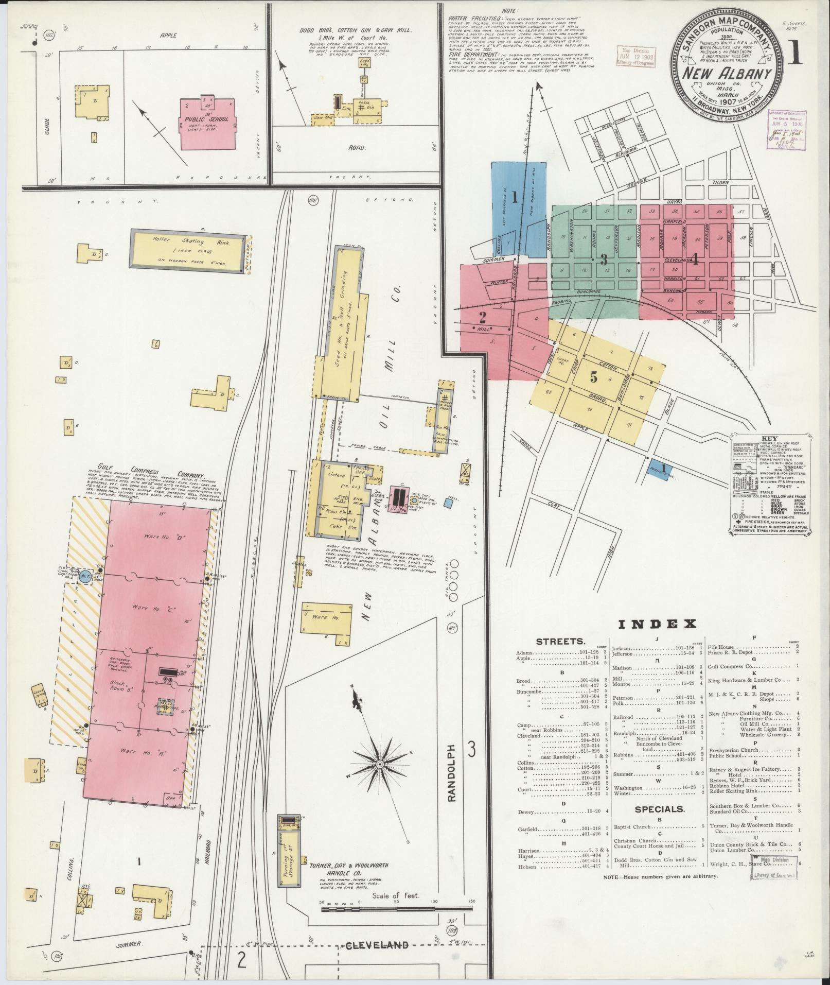 Sanborn Fire Insurance Map from New Albany, Union County, Mississippi (1907), Sheet #0001 - Complete Map Set gallery image, historic Sanborn map, vintage wall art, Mississippi Mississippi