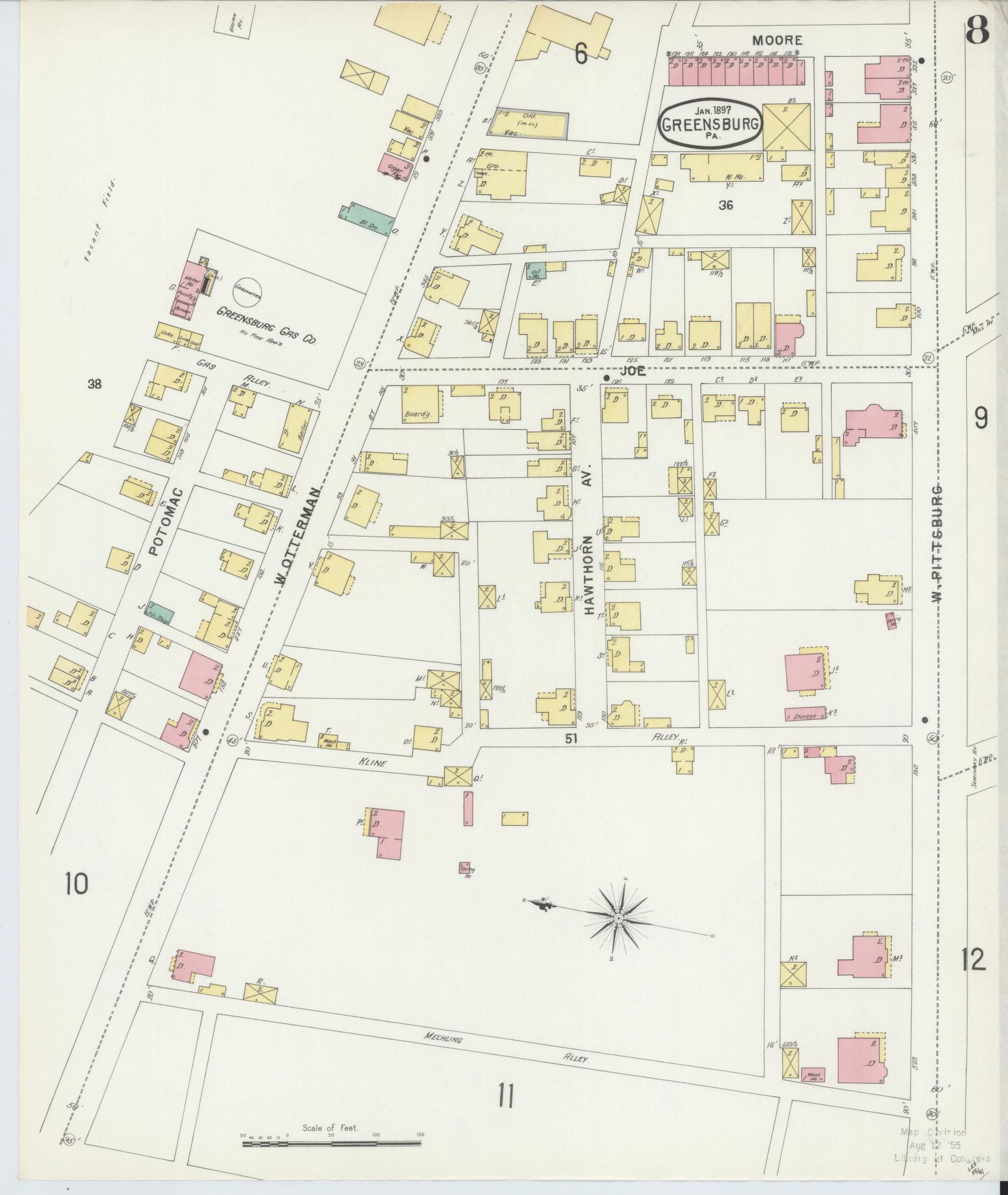 Sanborn Fire Insurance Map from Greensburg, Westmoreland County, Pennsylvania (1897), Sheet #0008 - Historic Sanborn Fire Insurance Map Print, vintage old map wall art, antique decor, genealogy gift, Pennsylvania Pennsylvania map