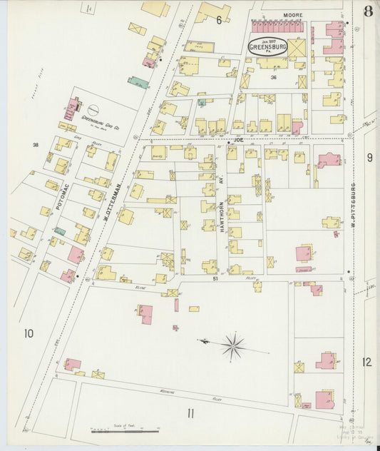 Sanborn Fire Insurance Map from Greensburg, Westmoreland County, Pennsylvania (1897), Sheet #0008 - Historic Sanborn Fire Insurance Map Print, vintage old map wall art, antique decor, genealogy gift, Pennsylvania Pennsylvania map