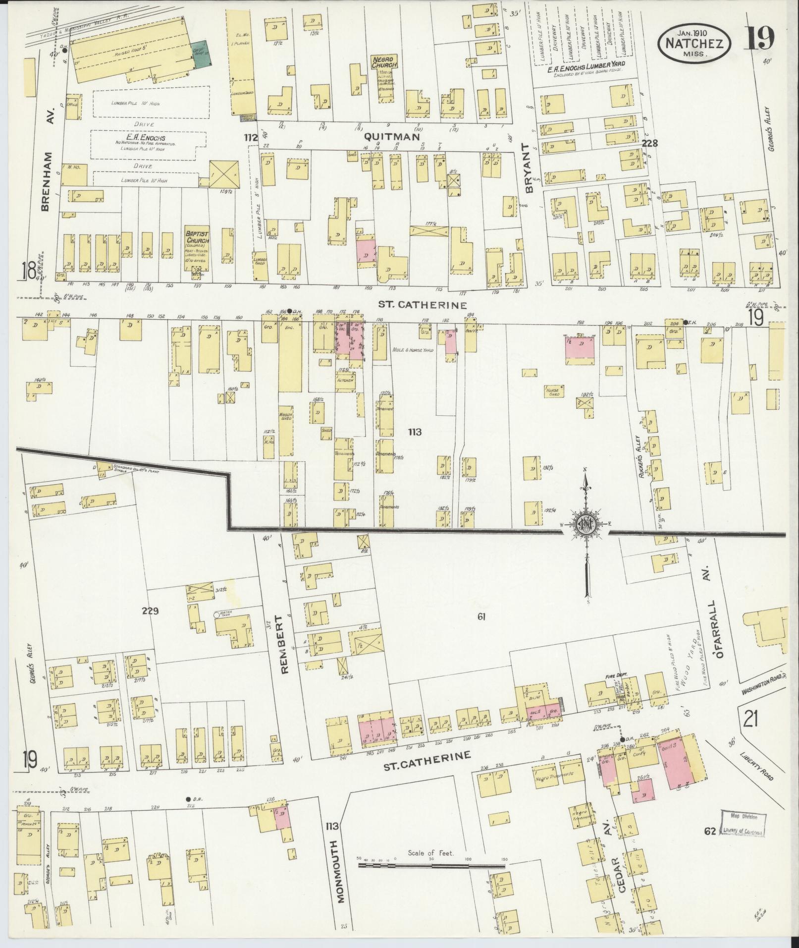 Sanborn Fire Insurance Map from Natchez, Adams County, Mississippi (1910), Sheet #0019 - Historic Sanborn Fire Insurance Map Print, vintage old map wall art, antique decor, genealogy gift, Mississippi Mississippi map
