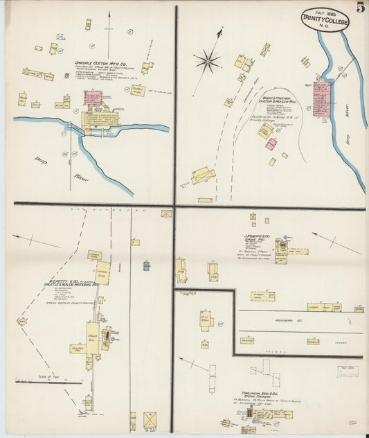 Sanborn Fire Insurance Map from Trinity College, Randolph County, North Carolina (1885), Sheet #0005 - Historic Sanborn Fire Insurance Map Print, vintage old map wall art, antique decor, genealogy gift, North Carolina North Carolina map