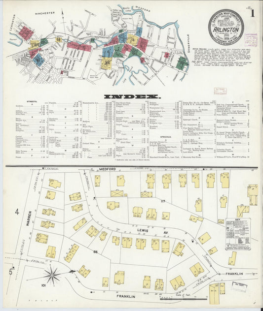 Sanborn Fire Insurance Map from Arlington, Middlesex County, Massachusetts (1908), Sheet #0001 - Complete Map Set gallery image, historic Sanborn map, vintage wall art, Massachusetts Massachusetts