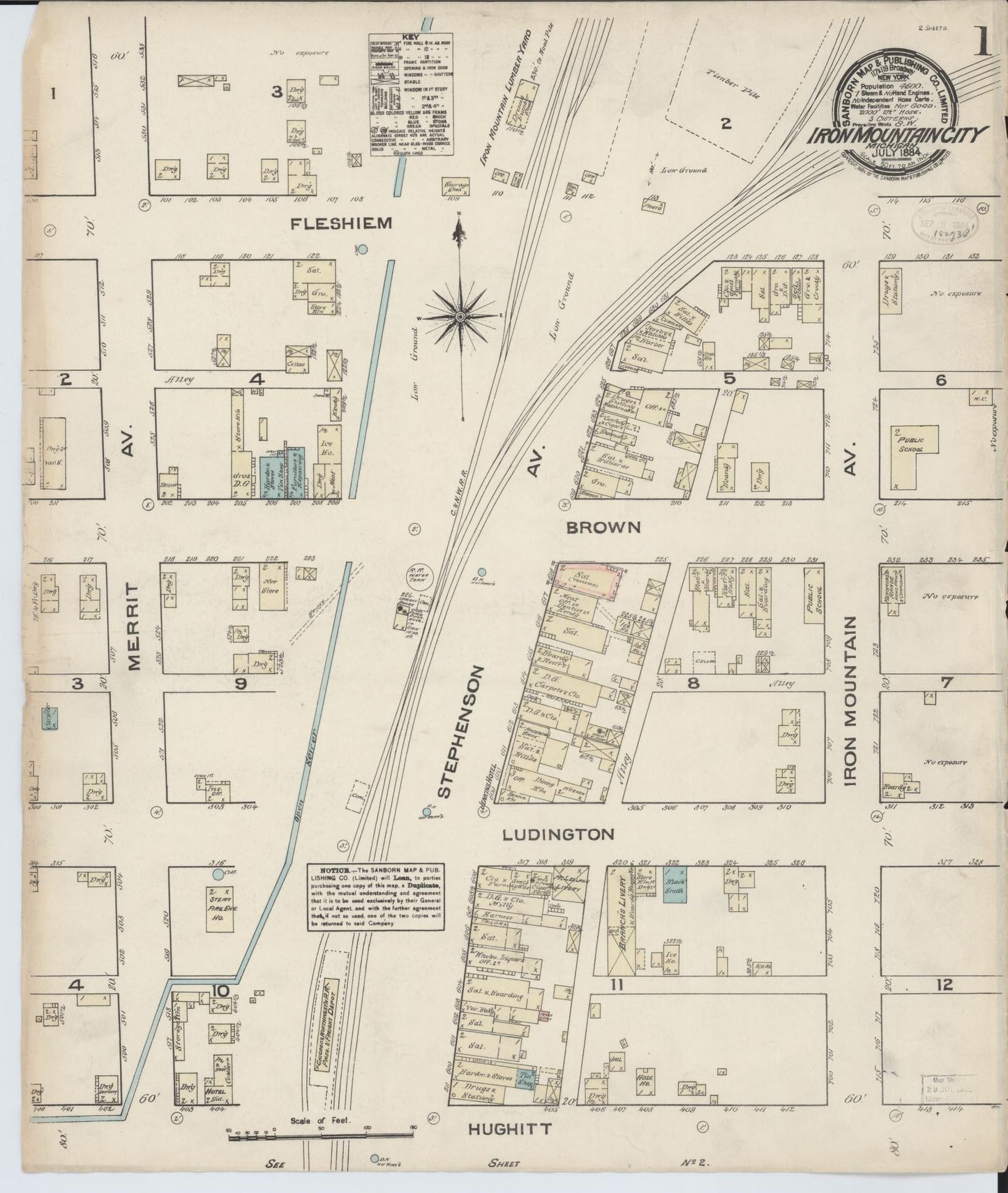 Sanborn Fire Insurance Map from Iron Mountain, Dickinson County, Michigan (1884), Sheet #0001 - Complete Map Set gallery image, historic Sanborn map, vintage wall art, Michigan Michigan
