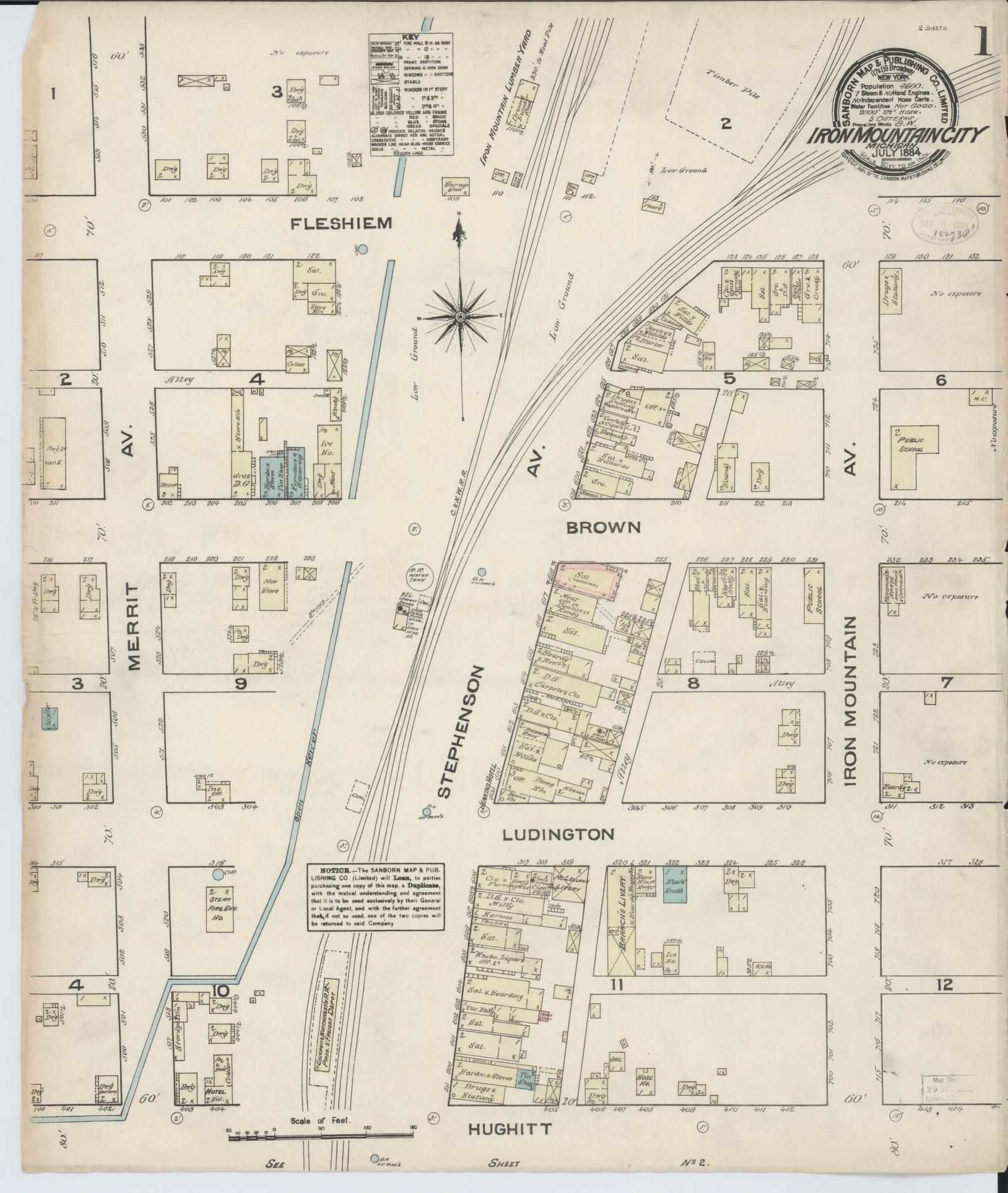 Sanborn Fire Insurance Map from Iron Mountain, Dickinson County, Michigan (1884), Sheet #0001 - Complete Map Set gallery image, historic Sanborn map, vintage wall art, Michigan Michigan