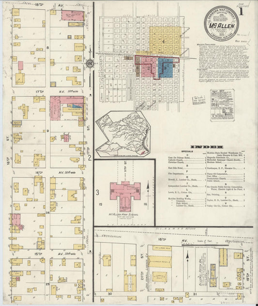 Sanborn Fire Insurance Map from McAllen, Hidalgo County, Texas (1919), Sheet #0001 - Complete Map Set gallery image, historic Sanborn map, vintage wall art, Texas Texas