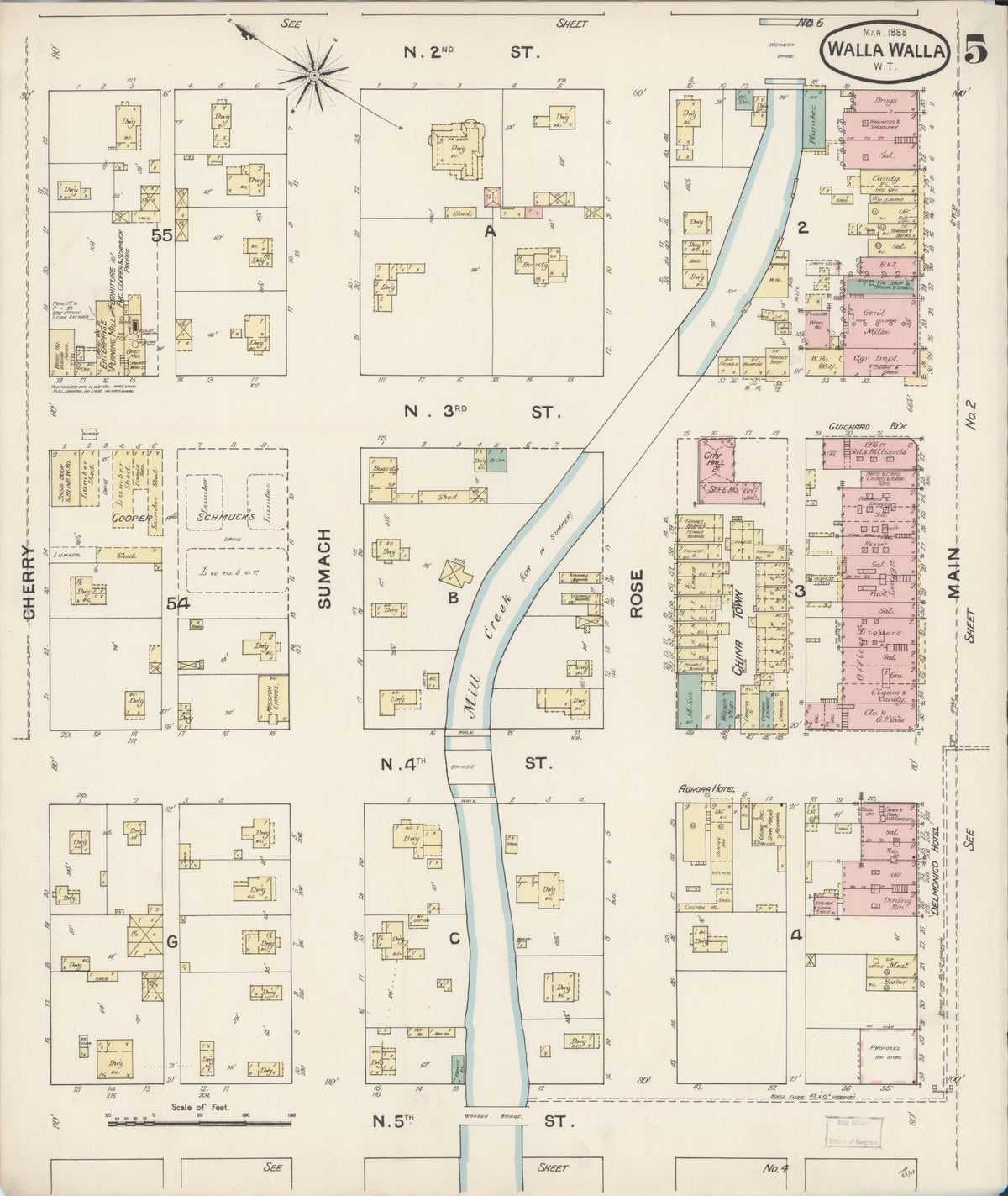 Sanborn Fire Insurance Map from Walla Walla, Walla Walla County, Washington (1888), Sheet #0005 - Historic Sanborn Fire Insurance Map Print, vintage old map wall art, antique decor, genealogy gift, Washington Washington map