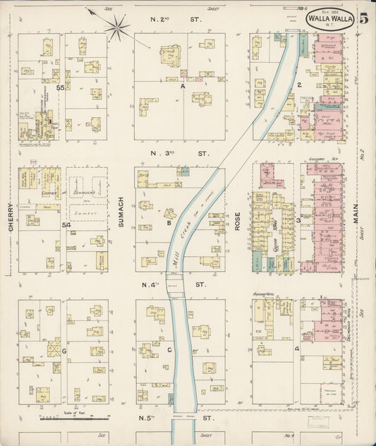 Sanborn Fire Insurance Map from Walla Walla, Walla Walla County, Washington (1888), Sheet #0005 - Historic Sanborn Fire Insurance Map Print, vintage old map wall art, antique decor, genealogy gift, Washington Washington map