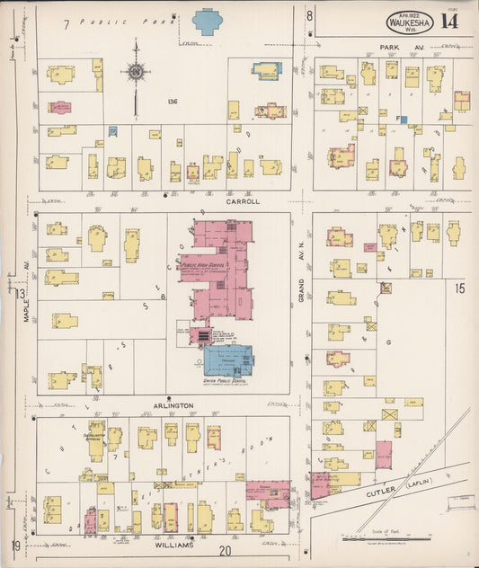 Sanborn Fire Insurance Map from Waukesha, Waukesha County, Wisconsin (1922), Sheet #0014 - Historic Sanborn Fire Insurance Map Print, vintage old map wall art, antique decor, genealogy gift, Wisconsin Wisconsin map