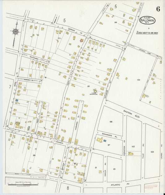 Sanborn Fire Insurance Map from Baldwin, Nassau County, New York (1917), Sheet #0006 - Historic Sanborn Fire Insurance Map Print, vintage old map wall art, antique decor, genealogy gift, New York New York map