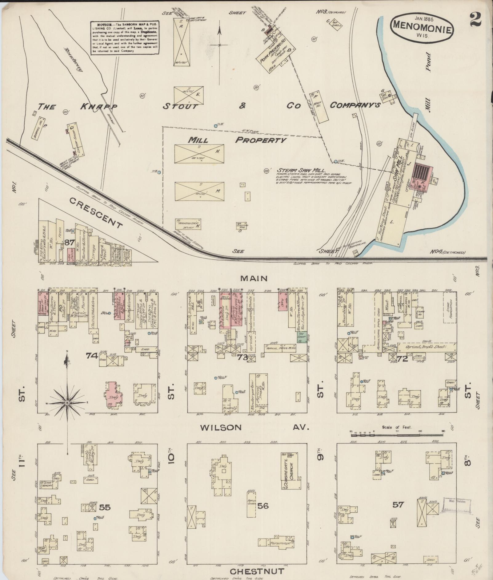 Sanborn Fire Insurance Map from Menomonie, Dunn County, Wisconsin (1885), Sheet #0002 - Complete Map Set gallery image, historic Sanborn map, vintage wall art, Wisconsin Wisconsin
