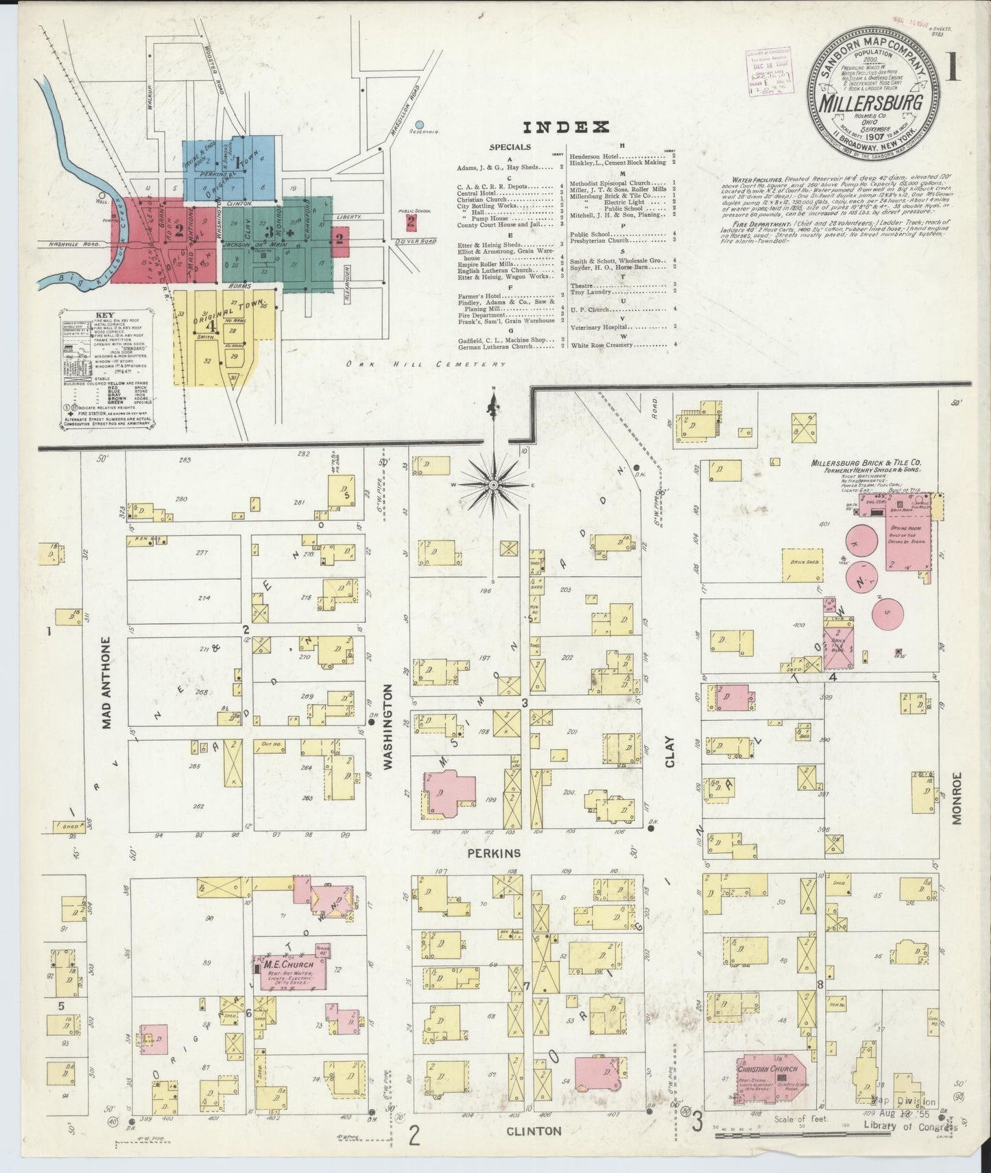Sanborn Fire Insurance Map from Millersburg, Holmes County, Ohio (1907), Sheet #0001 - Historic Sanborn Fire Insurance Map Print, vintage old map wall art, antique decor, genealogy gift, Ohio Ohio map