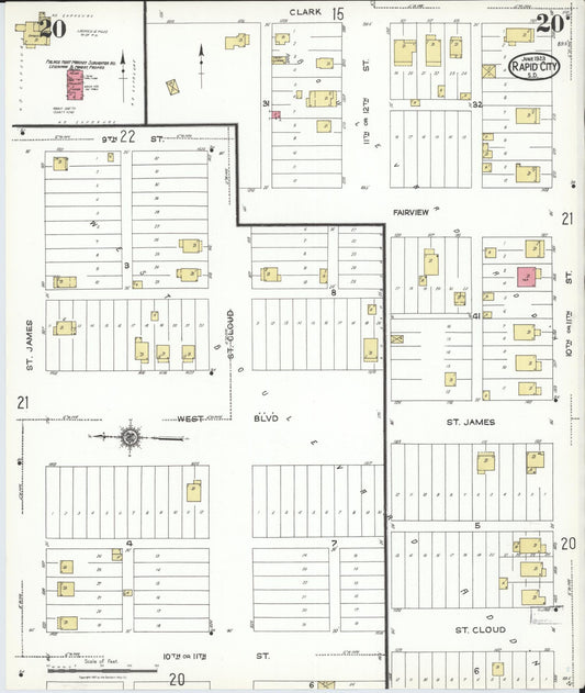 Sanborn Fire Insurance Map from Rapid City, Pennington County, South Dakota (1923), Sheet #0020 - Historic Sanborn Fire Insurance Map Print, vintage old map wall art, antique decor, genealogy gift, South Dakota South Dakota map
