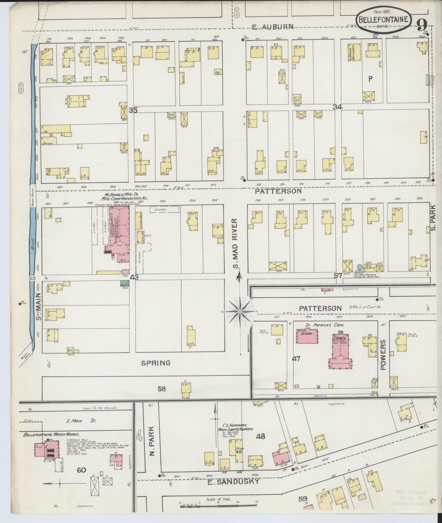 Sanborn Fire Insurance Map from Bellefontaine, Logan County, Ohio (1892), Sheet #0009 - Historic Sanborn Fire Insurance Map Print, vintage old map wall art, antique decor, genealogy gift, Ohio Ohio map