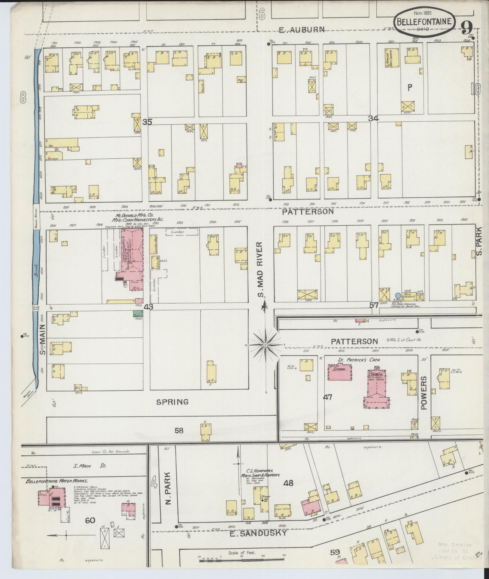 Sanborn Fire Insurance Map from Bellefontaine, Logan County, Ohio (1892), Sheet #0009 - Historic Sanborn Fire Insurance Map Print, vintage old map wall art, antique decor, genealogy gift, Ohio Ohio map