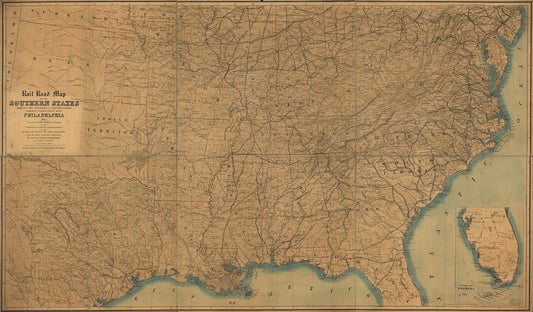 Rail road map of the southern states shewing the southern & southwestern railway connections with Philadelphia. Civil War Map (1861) - Historic Battlefield Map Reprint