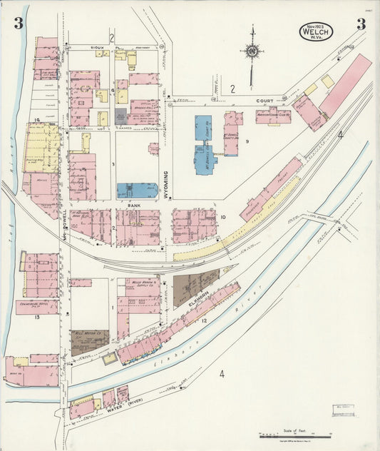 Sanborn Fire Insurance Map from Welch, Mcdowell County, West Virginia (1923), Sheet #0003 - Historic Sanborn Fire Insurance Map Print, vintage old map wall art, antique decor, genealogy gift, West Virginia West Virginia map