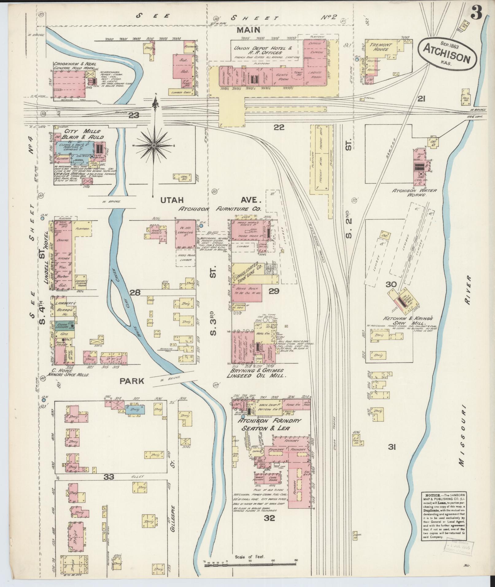 Sanborn Fire Insurance Map from Atchison, Atchison County, Kansas (1883), Sheet #0003 - Complete Map Set gallery image, historic Sanborn map, vintage wall art, Kansas Kansas