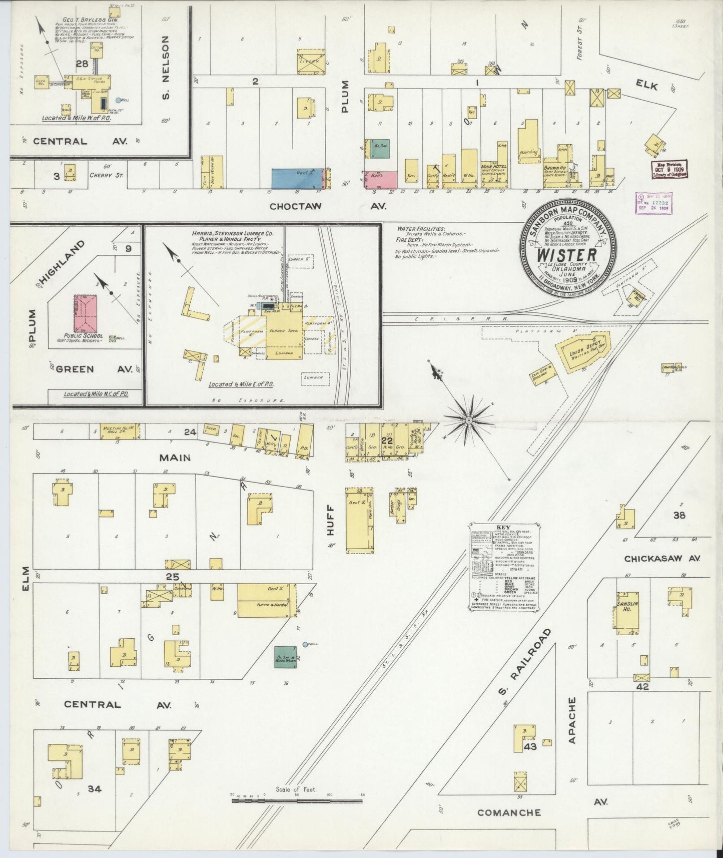 Sanborn Fire Insurance Map from Wister, Le Flore County, Oklahoma (1909), Sheet #0001 - Historic Sanborn Fire Insurance Map Print, vintage old map wall art, antique decor, genealogy gift, Oklahoma Oklahoma map