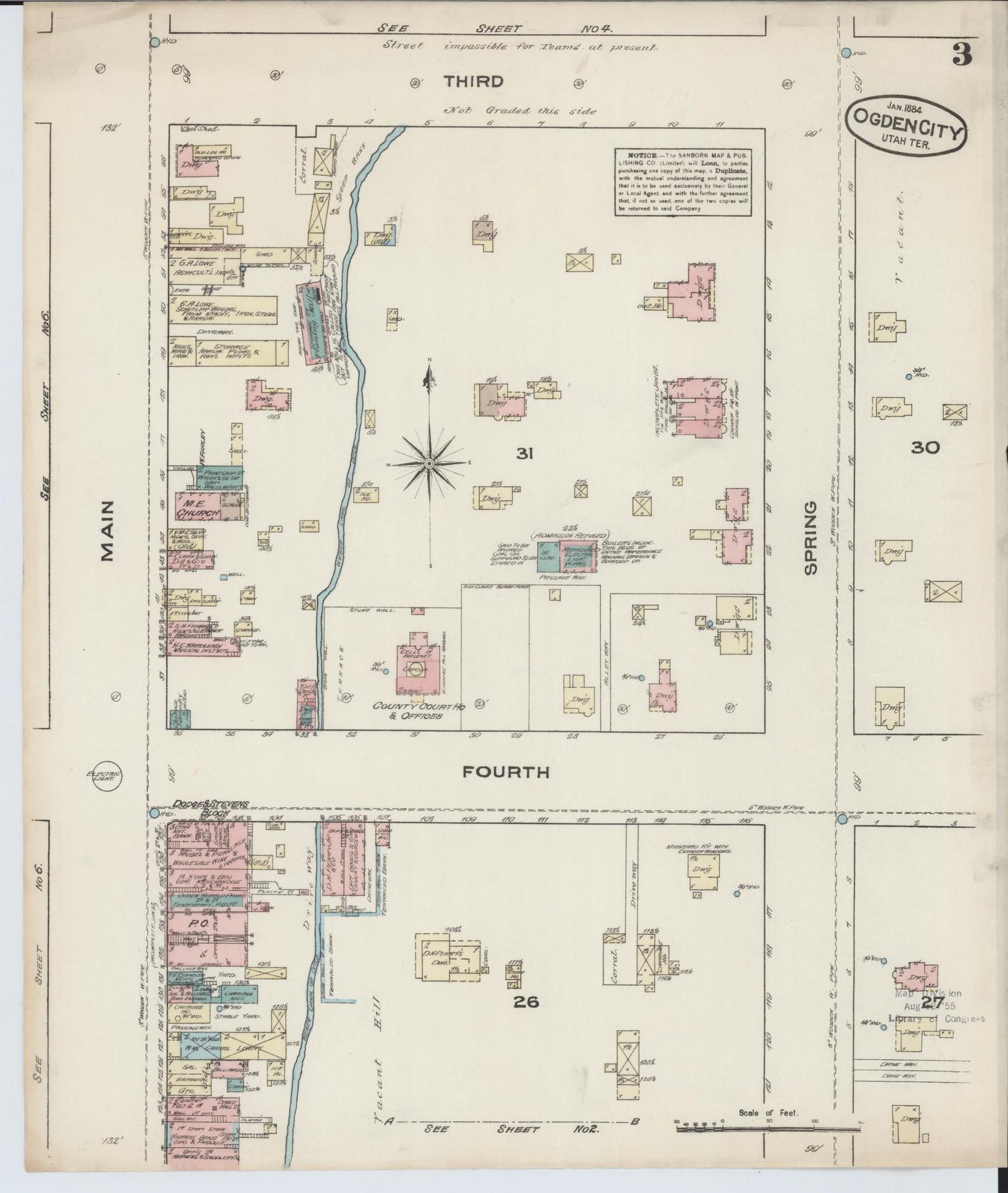 Sanborn Fire Insurance Map from Ogden, Weber County, Utah (1884), Sheet #0003 - Historic Sanborn Fire Insurance Map Print, vintage old map wall art, antique decor, genealogy gift, Utah Utah map