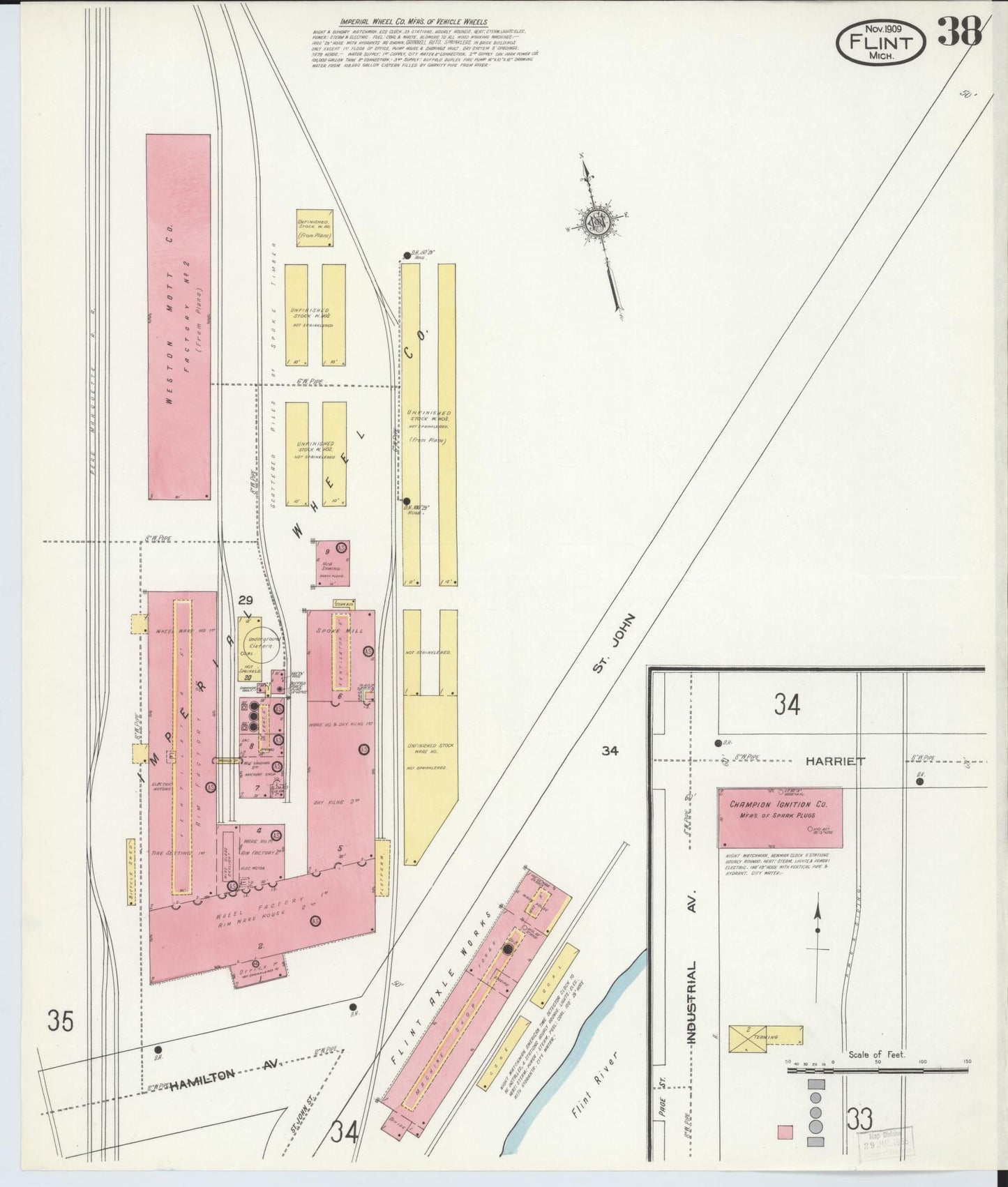 Sanborn Fire Insurance Map from Flint, Genesee County, Michigan (1909), Sheet #0038 - Historic Sanborn Fire Insurance Map Print, vintage old map wall art, antique decor, genealogy gift, Michigan Michigan map