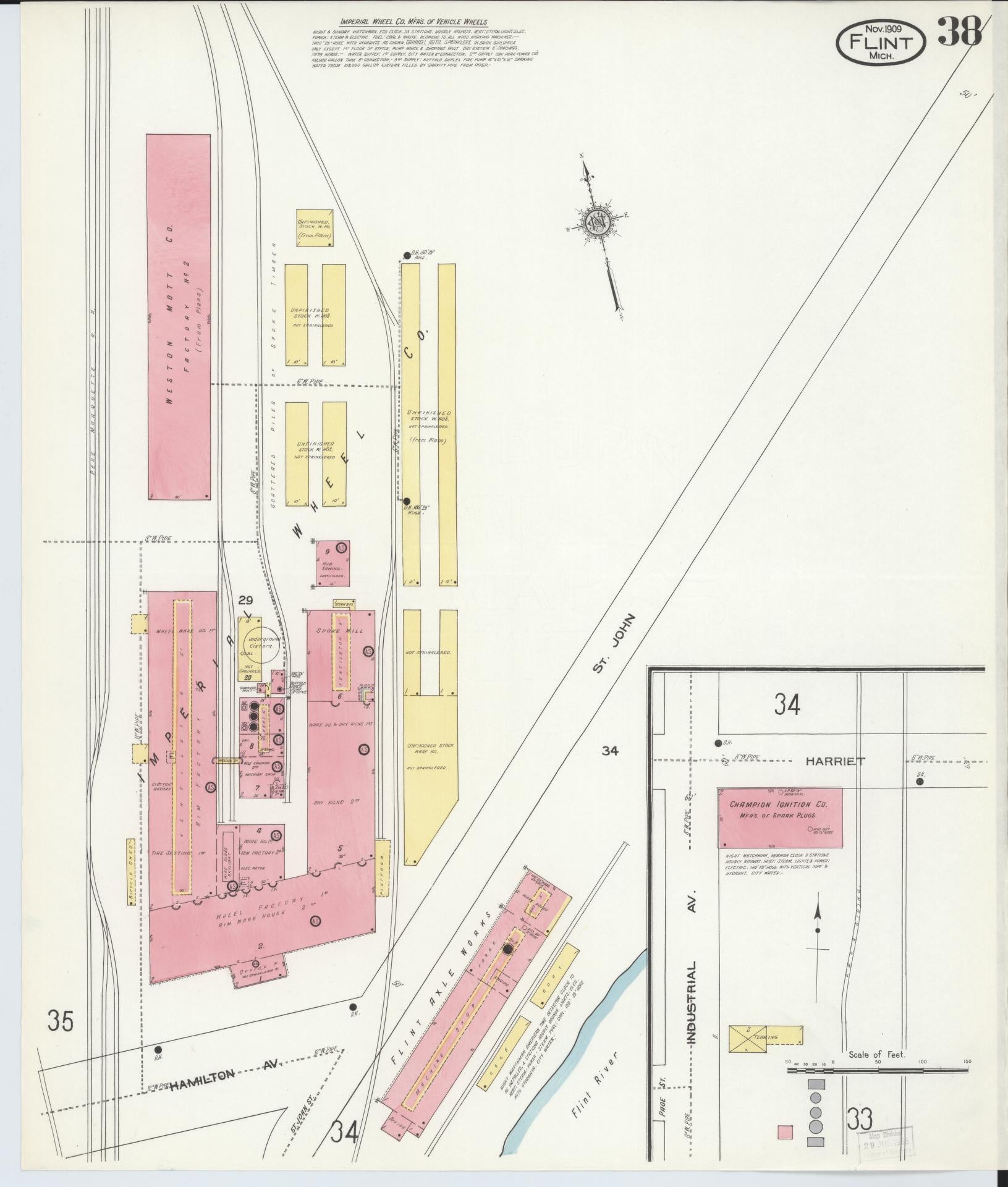 Sanborn Fire Insurance Map from Flint, Genesee County, Michigan (1909), Sheet #0038 - Historic Sanborn Fire Insurance Map Print, vintage old map wall art, antique decor, genealogy gift, Michigan Michigan map
