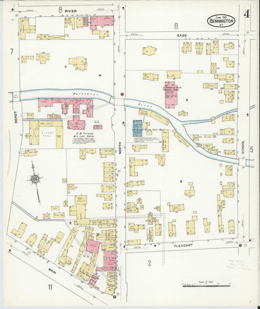 Sanborn Fire Insurance Map from Bennington, Bennington County, Vermont (1912), Sheet #0004 - Historic Sanborn Fire Insurance Map Print, vintage old map wall art, antique decor, genealogy gift, Vermont Vermont map