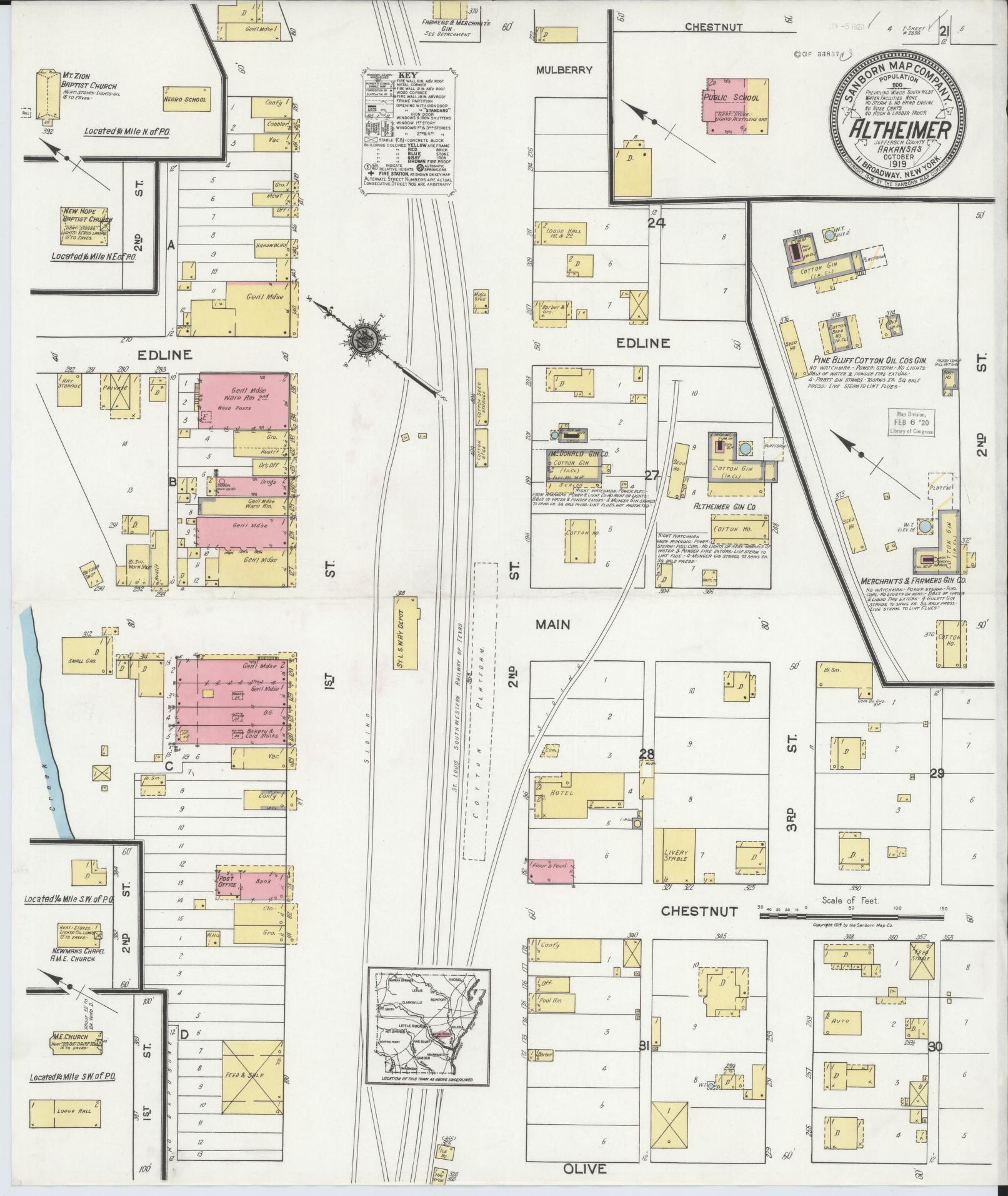 Sanborn Fire Insurance Map from Altheimer, Jefferson County, Arkansas (1919), Sheet #0001 - Historic Sanborn Fire Insurance Map Print, vintage old map wall art, antique decor, genealogy gift, Arkansas Arkansas map