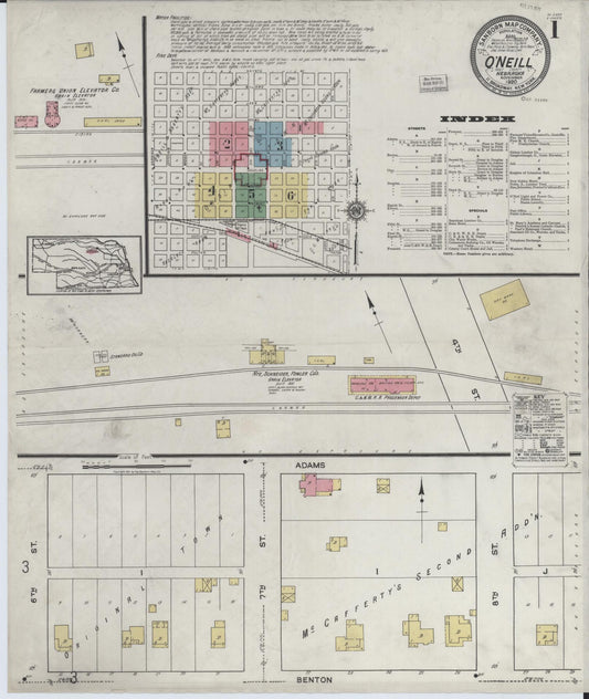 Sanborn Fire Insurance Map from O'Neill, Holt County, Nebraska (1920), Sheet #0001 - Historic Sanborn Fire Insurance Map Print, vintage old map wall art, antique decor, genealogy gift, Nebraska Nebraska map