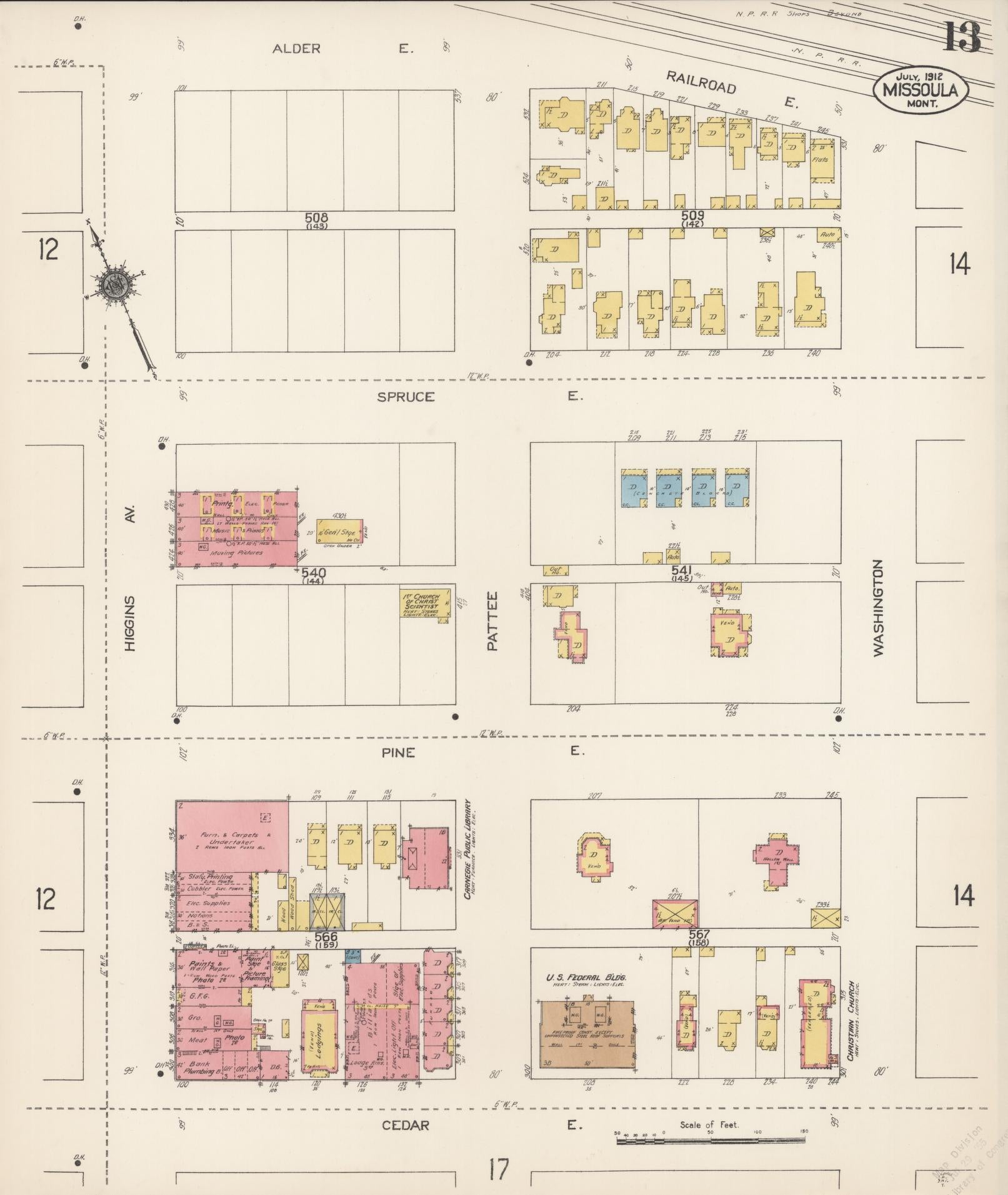 Sanborn Fire Insurance Map from Missoula, Missoula County, Montana (1912), Sheet #0013 - Historic Sanborn Fire Insurance Map Print, vintage old map wall art, antique decor, genealogy gift, Montana Montana map