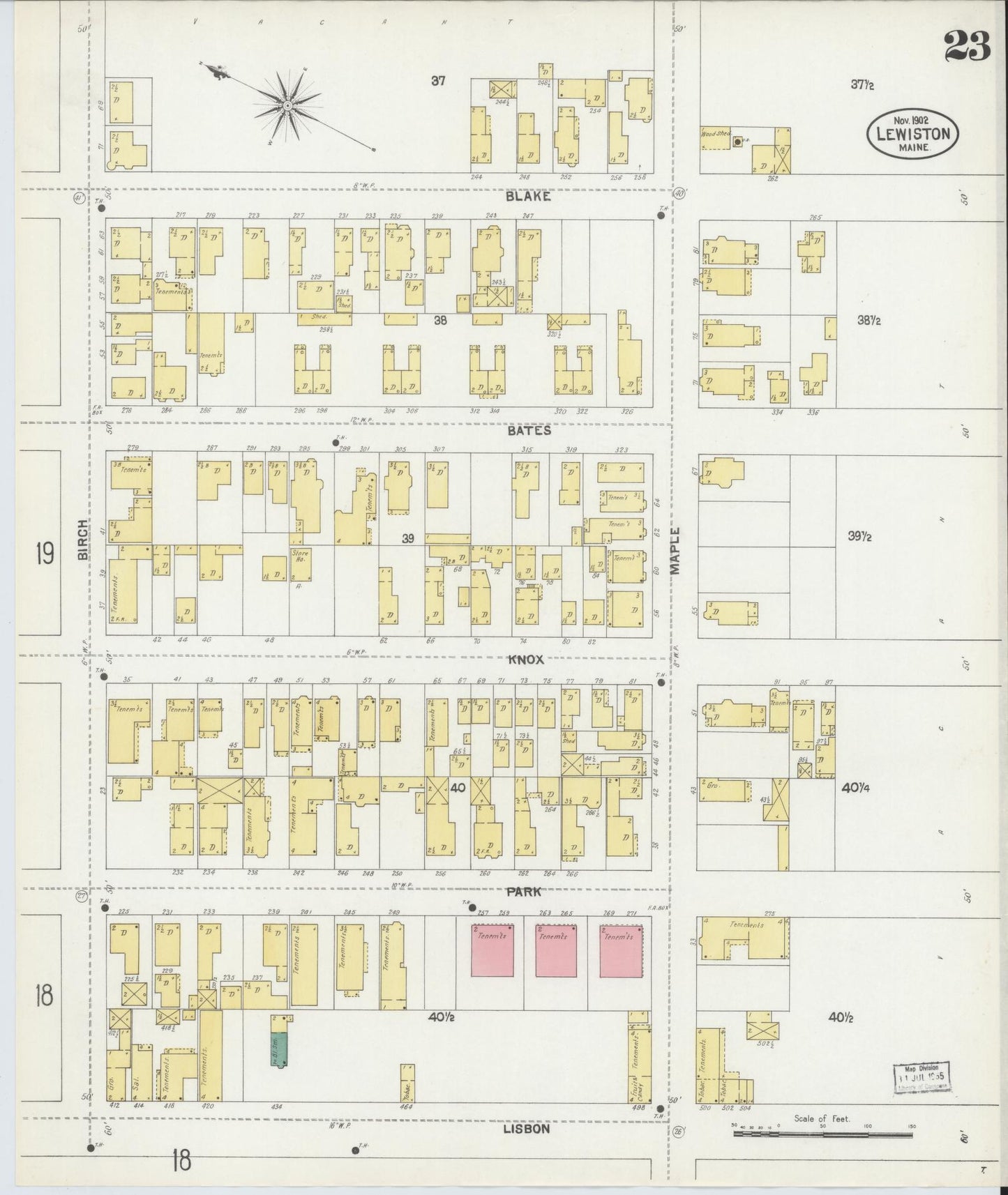 Sanborn Fire Insurance Map from Lewiston, Androscoggin County, Maine (1902), Sheet #0023 - Complete Map Set gallery image, historic Sanborn map, vintage wall art, Maine Maine