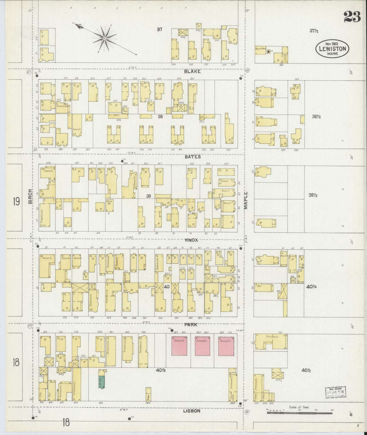 Sanborn Fire Insurance Map from Lewiston, Androscoggin County, Maine (1902), Sheet #0023 - Complete Map Set gallery image, historic Sanborn map, vintage wall art, Maine Maine