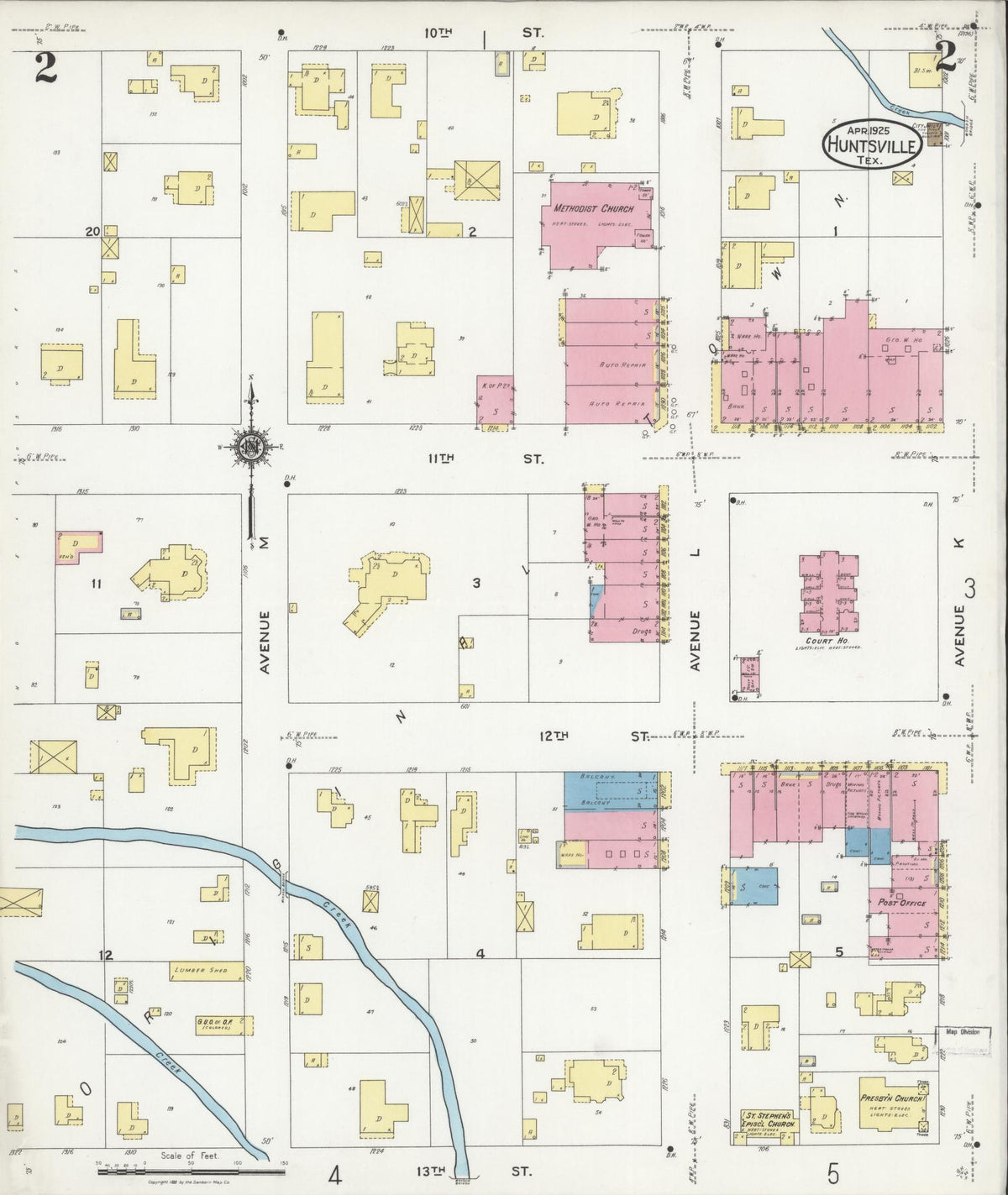Sanborn Fire Insurance Map from Huntsville, Walker County, Texas (1925), Sheet #0002 - Complete Map Set gallery image, historic Sanborn map, vintage wall art, Texas Texas