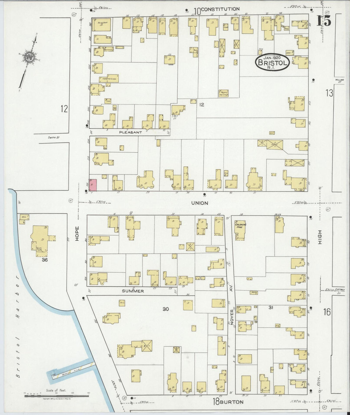 Sanborn Fire Insurance Map from Bristol, Bristol County, Rhode Island (1920), Sheet #0015 - Historic Sanborn Fire Insurance Map Print, vintage old map wall art, antique decor, genealogy gift, Rhode Island Rhode Island map