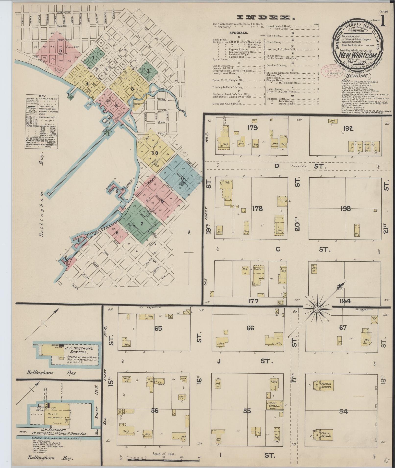 Sanborn Fire Insurance Map from New Whatcom, Whatcom County, Washington (1890), Sheet #0001 - Complete Map Set gallery image, historic Sanborn map, vintage wall art, Washington Washington