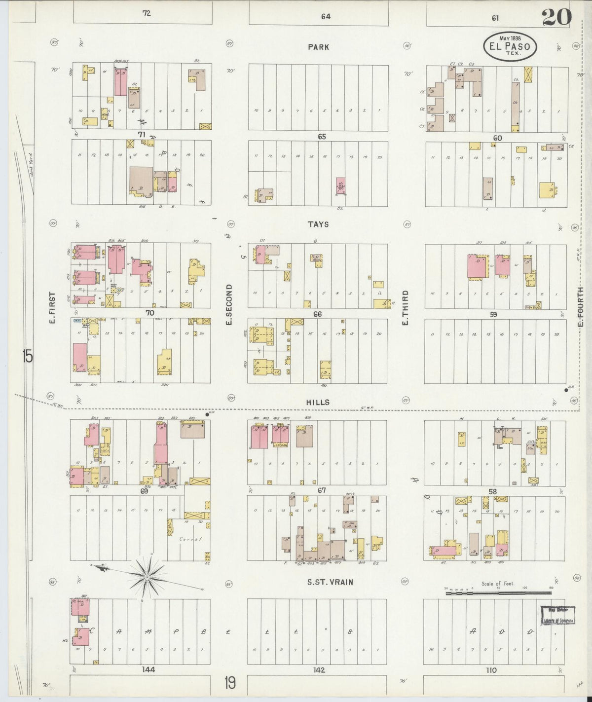 Sanborn Fire Insurance Map from El Paso, El Paso County, Texas (1898), Sheet #0020 - Complete Map Set gallery image, historic Sanborn map, vintage wall art, Texas Texas