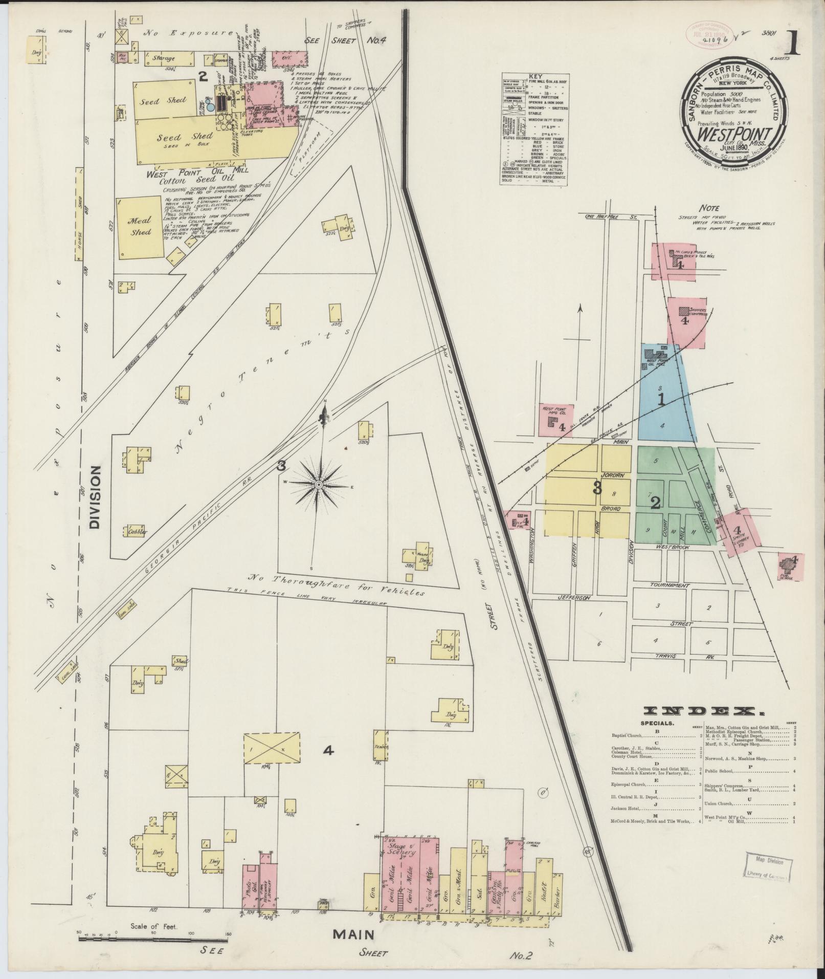 Sanborn Fire Insurance Map from West Point, Clay County, Mississippi (1890), Sheet #0001 - Historic Sanborn Fire Insurance Map Print, vintage old map wall art, antique decor, genealogy gift, Mississippi Mississippi map