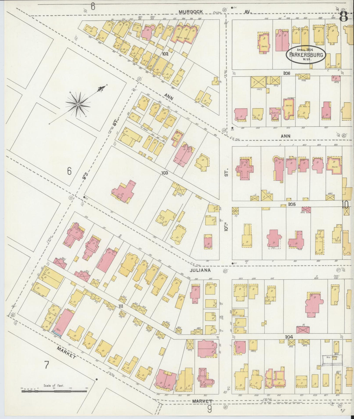 Sanborn Fire Insurance Map from Parkersburg, Wood County, West Virginia (1904), Sheet #0008 - Historic Sanborn Fire Insurance Map Print, vintage old map wall art, antique decor, genealogy gift, West Virginia West Virginia map