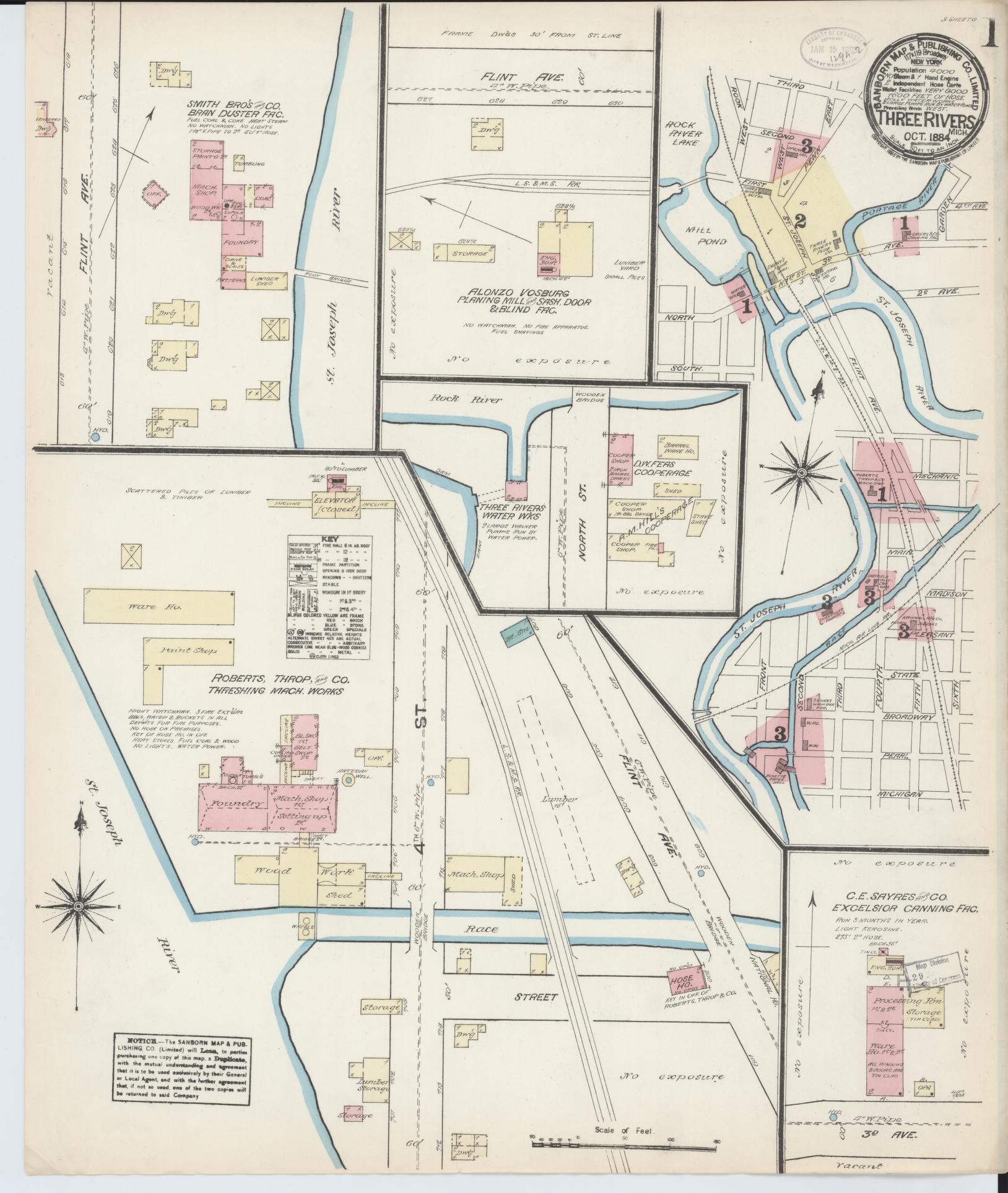 Sanborn Fire Insurance Map from Three Rivers, Saint Joseph County, Michigan (1884), Sheet #0001 - Complete Map Set gallery image, historic Sanborn map, vintage wall art, Michigan Michigan