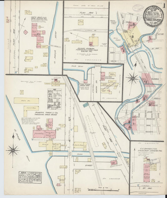 Sanborn Fire Insurance Map from Three Rivers, Saint Joseph County, Michigan (1884), Sheet #0001 - Complete Map Set gallery image, historic Sanborn map, vintage wall art, Michigan Michigan