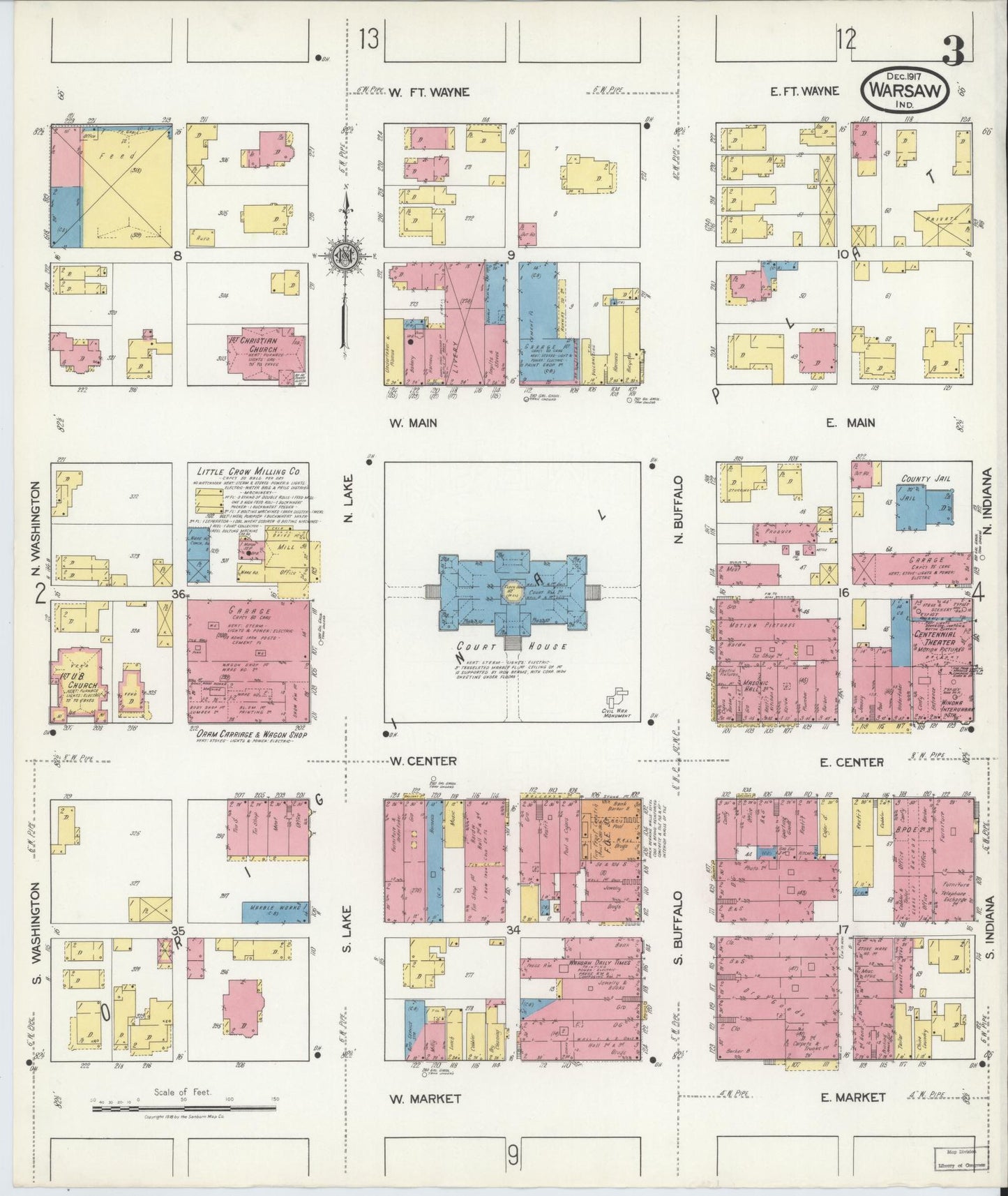 Sanborn Fire Insurance Map from Warsaw, Kosciusko County, Indiana (1917), Sheet #0003 - Complete Map Set gallery image, historic Sanborn map, vintage wall art, Indiana Indiana