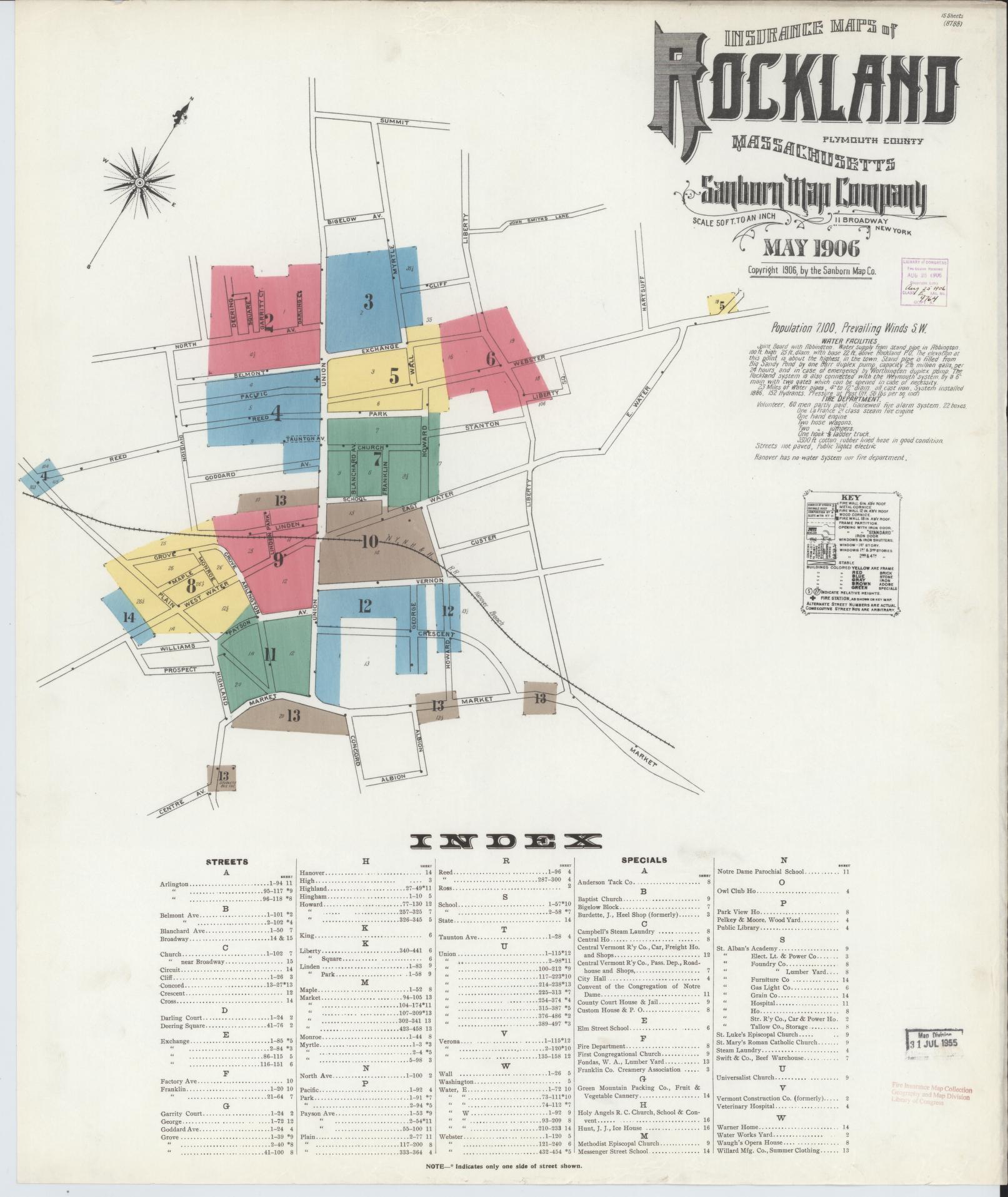 Sanborn Fire Insurance Map from Rockland, Plymouth County, Massachusetts (1906), Sheet #0001 - Complete Map Set gallery image, historic Sanborn map, vintage wall art, Massachusetts Massachusetts