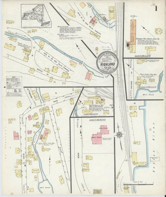 Sanborn Fire Insurance Map from Highland, Ulster County, New York (1912), Sheet #0001 - Historic Sanborn Fire Insurance Map Print, vintage old map wall art, antique decor, genealogy gift, New York New York map