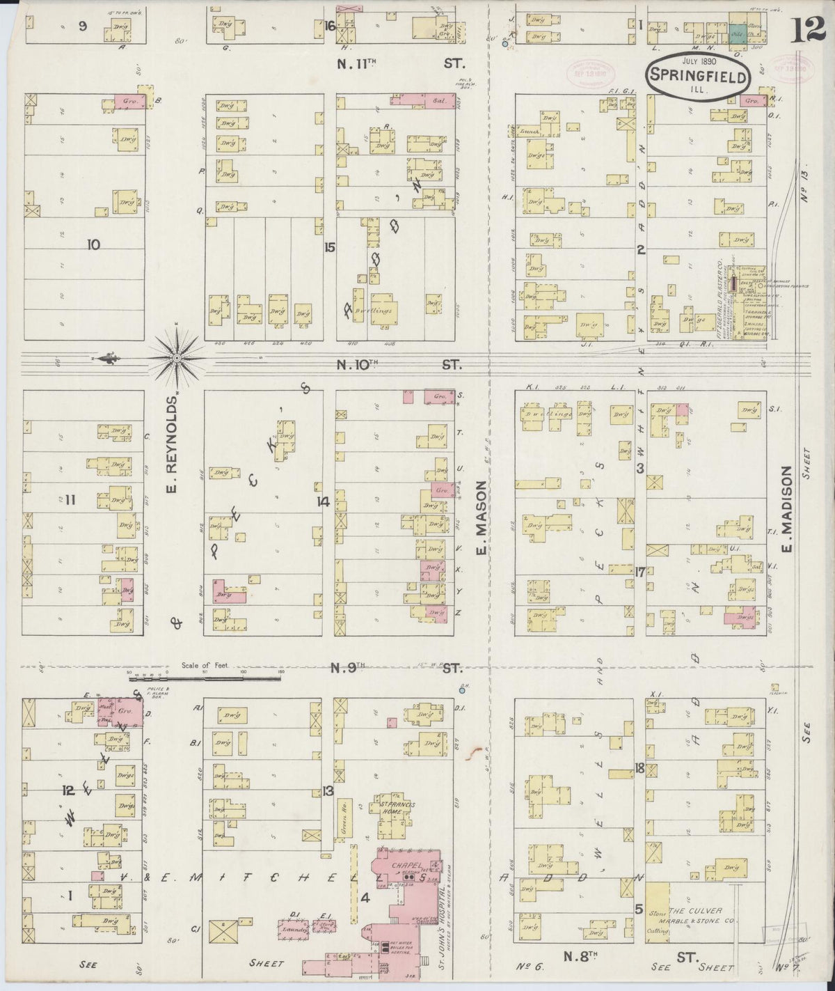 Sanborn Fire Insurance Map from Springfield, Sangamon County, Illinois (1890), Sheet #0012 - Complete Map Set gallery image, historic Sanborn map, vintage wall art, Illinois Illinois