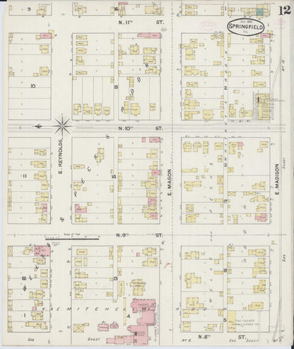 Sanborn Fire Insurance Map from Springfield, Sangamon County, Illinois (1890), Sheet #0012 - Complete Map Set gallery image, historic Sanborn map, vintage wall art, Illinois Illinois