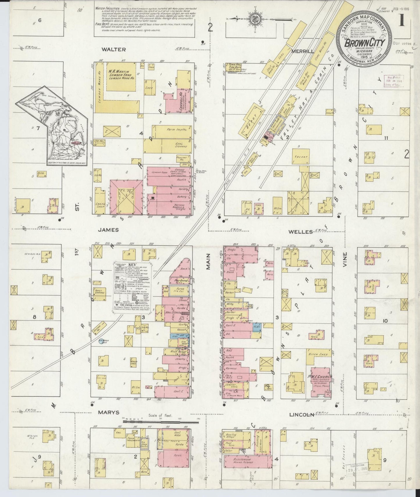 Sanborn Fire Insurance Map from Brown City, Sanilac County, Michigan (1915), Sheet #0001 - Historic Sanborn Fire Insurance Map Print, vintage old map wall art, antique decor, genealogy gift, Michigan Michigan map
