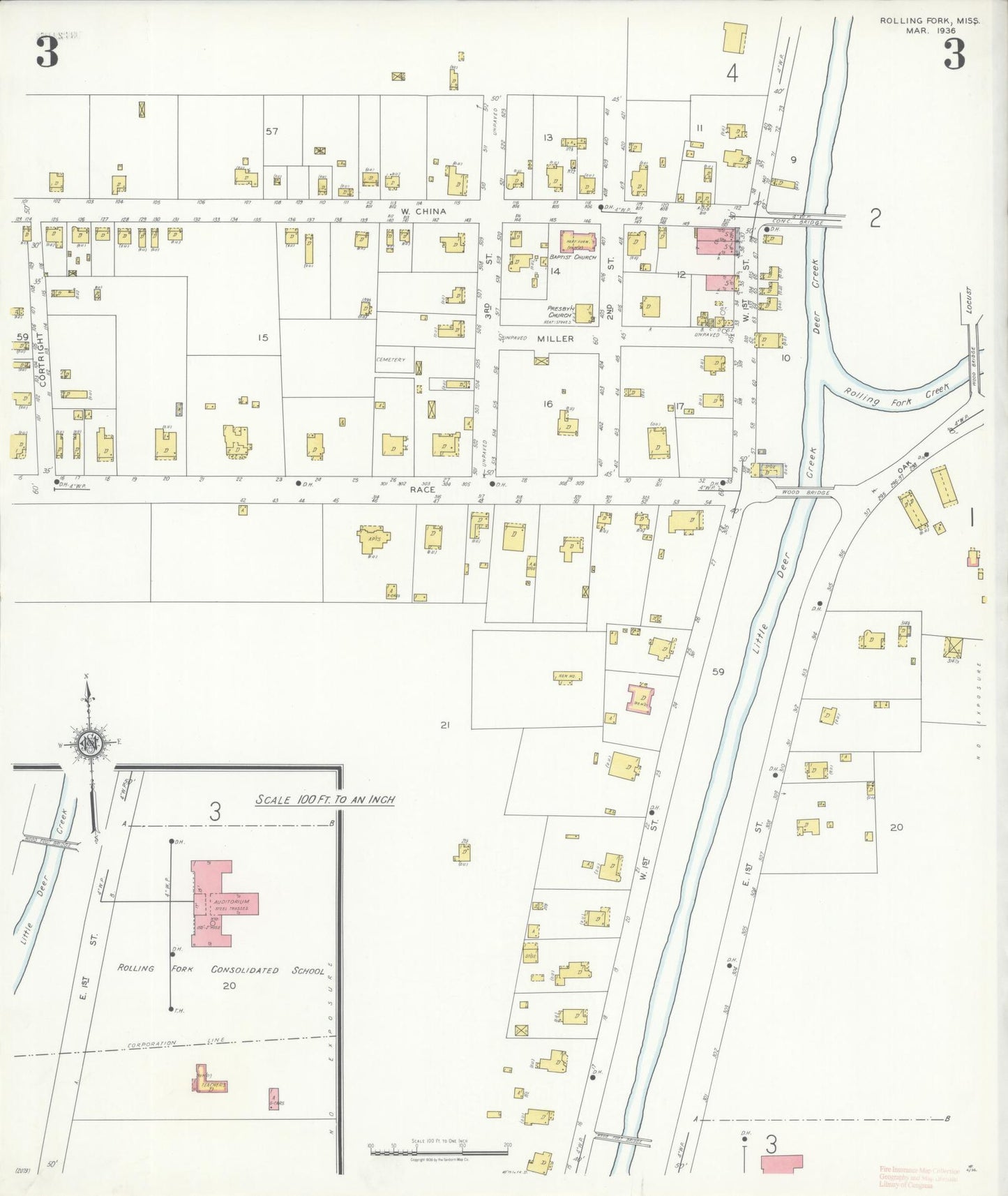 Sanborn Fire Insurance Map from Rolling Fork, Sharkey County, Mississippi (1936), Sheet #0003 - Historic Sanborn Fire Insurance Map Print, vintage old map wall art, antique decor, genealogy gift, Mississippi Mississippi map
