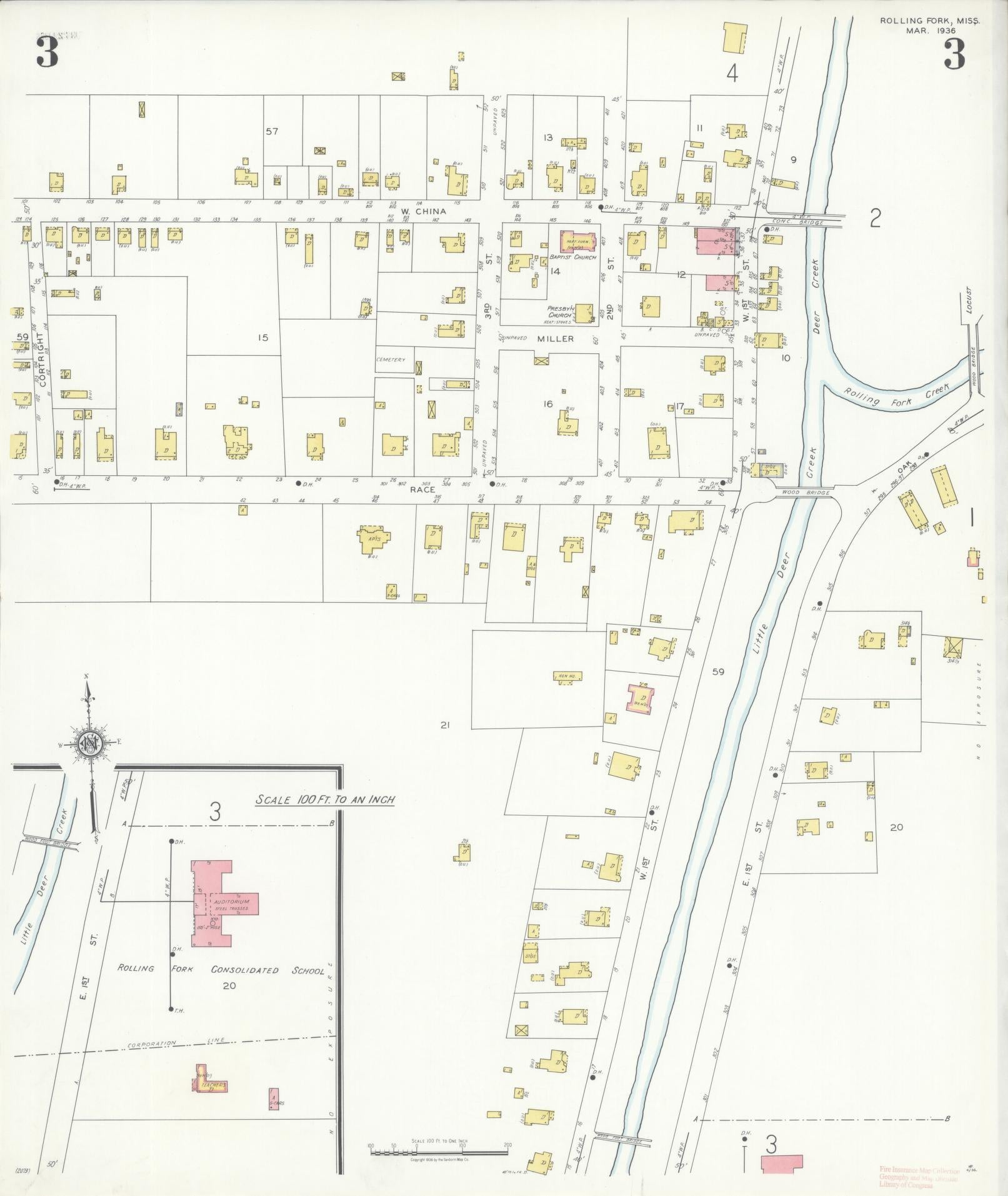 Sanborn Fire Insurance Map from Rolling Fork, Sharkey County, Mississippi (1936), Sheet #0003 - Historic Sanborn Fire Insurance Map Print, vintage old map wall art, antique decor, genealogy gift, Mississippi Mississippi map